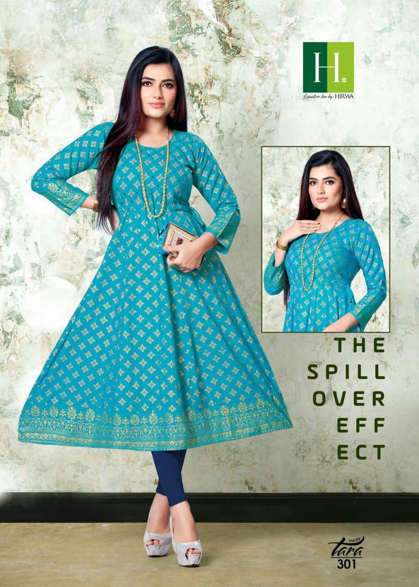 Hirwa Tara 3 Ethnic Wear Latest Fancy Rayon Gold prints with mirror work  Flair Designer  Kurti Collection